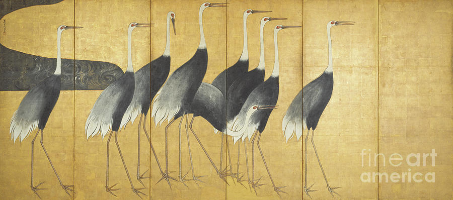 Crane Painting - Six panel screen depicting Cranes, Edo Period by Ogata Korin