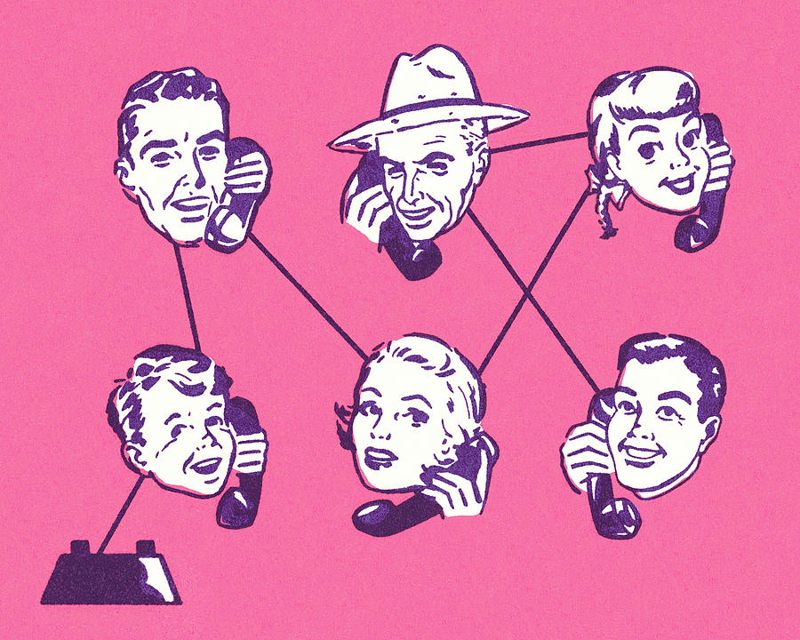 Vintage Drawing - Six People on a Phone Conversation by CSA Images