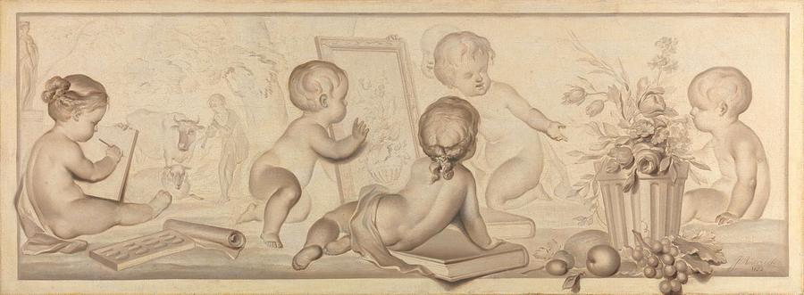 Six Putti with Flowers and Fruit and Attributes of the Art of Drawing. Painting by Jurriaan Andriessen