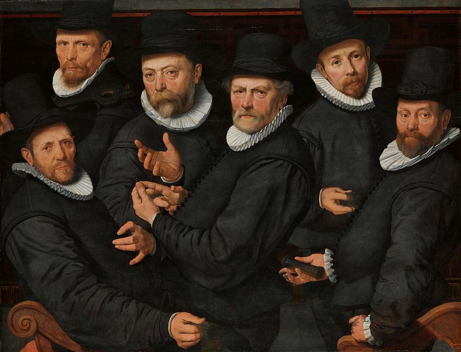 Six Wardens of the Drapers Guild. Zes waardijns van de Lakenen, Amsterdam, 1599. Painting by Pieter Pietersz -I-