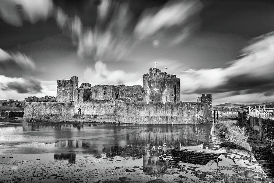 Sixty Seconds At Caerphilly Castle Monochrome Photograph by Steve Purnell