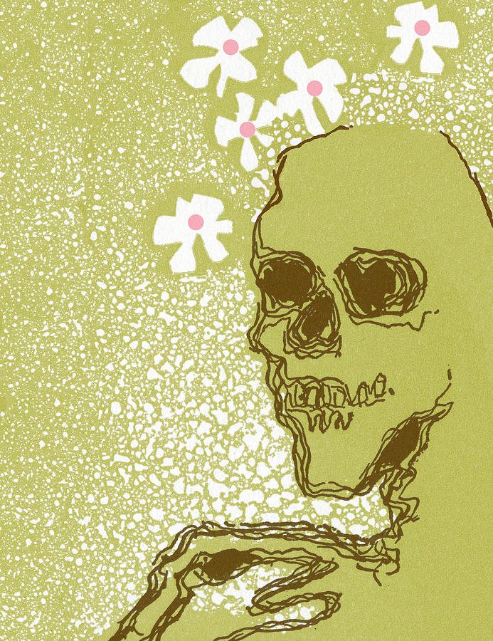 Vintage Drawing - Skeleton and Flowers by CSA Images