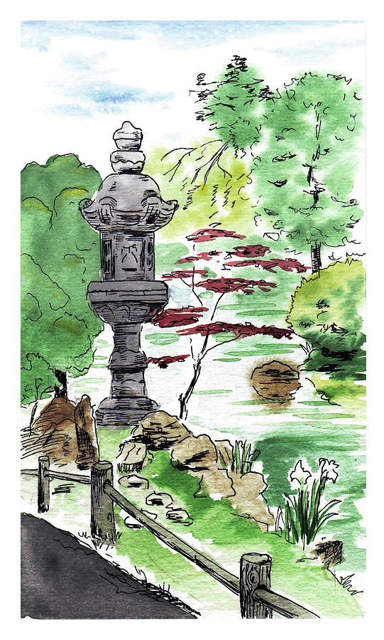 Sketch Japanese Tea Garden Painting by Masha Batkova