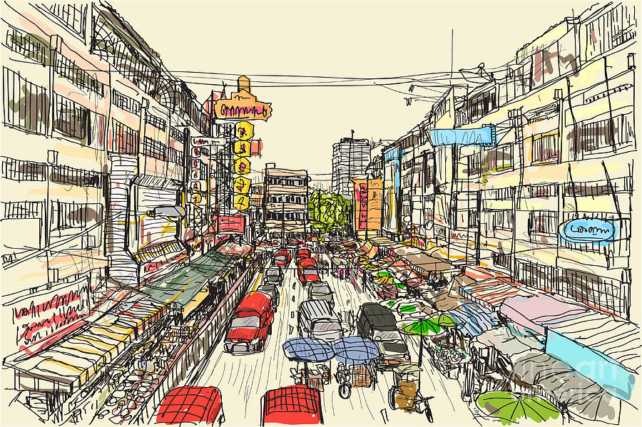 Shop Digital Art - Sketch Thai Local Market Place by Tnonra081