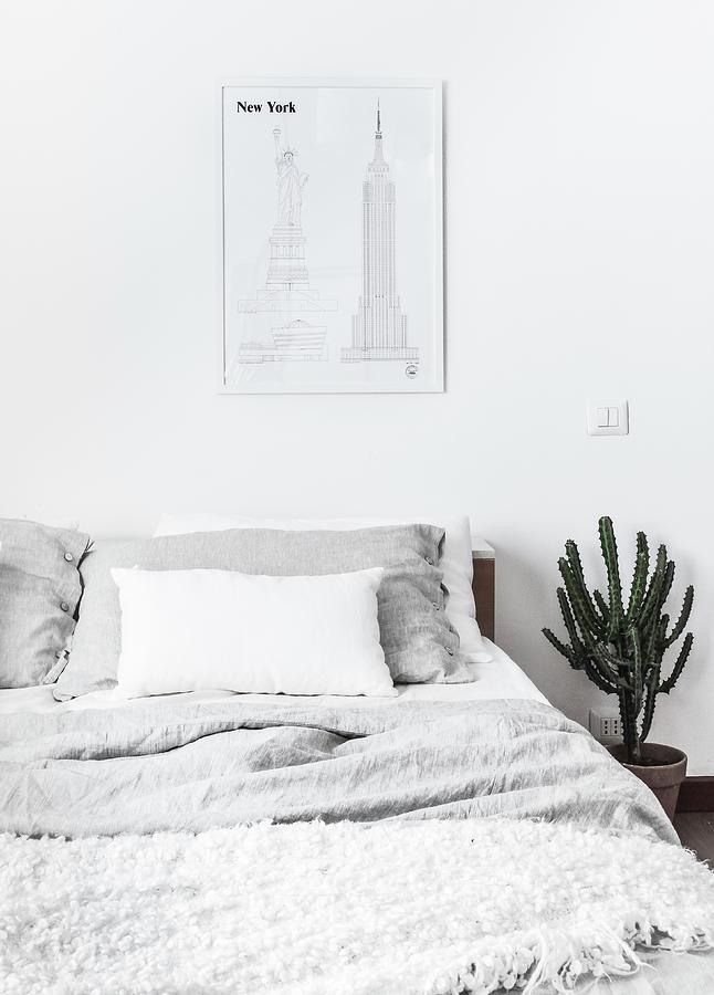 Sketches Of New York Above Bed With Pale Bed Linen Photograph by Agata Dimmich