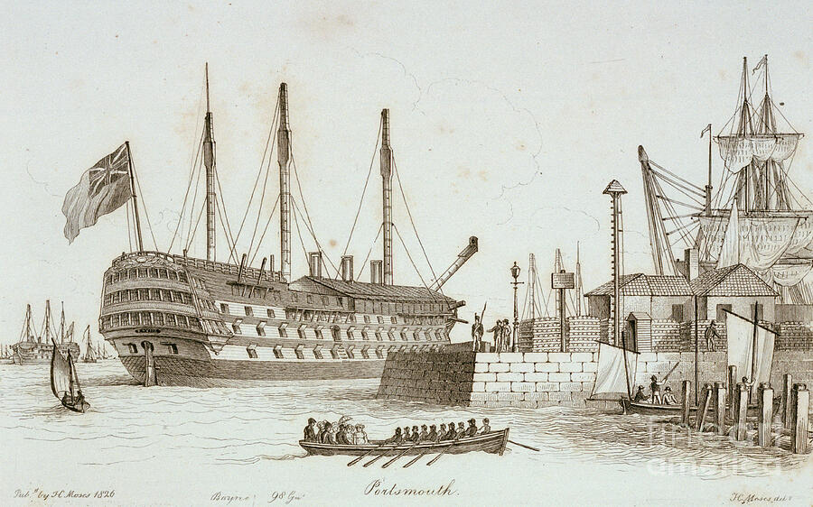 Sketches Of Shipping In Portsmouth Harbour, 1826 Etching Drawing by Henry Moses