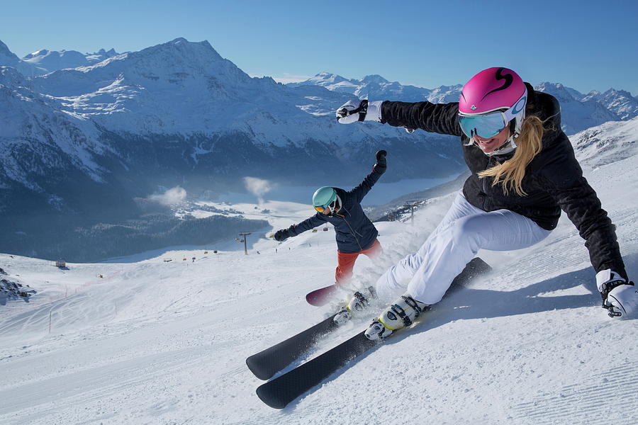 Skier & Snowboarders In Corviglia, Switzerland Digital Art by Christof Sonderegger
