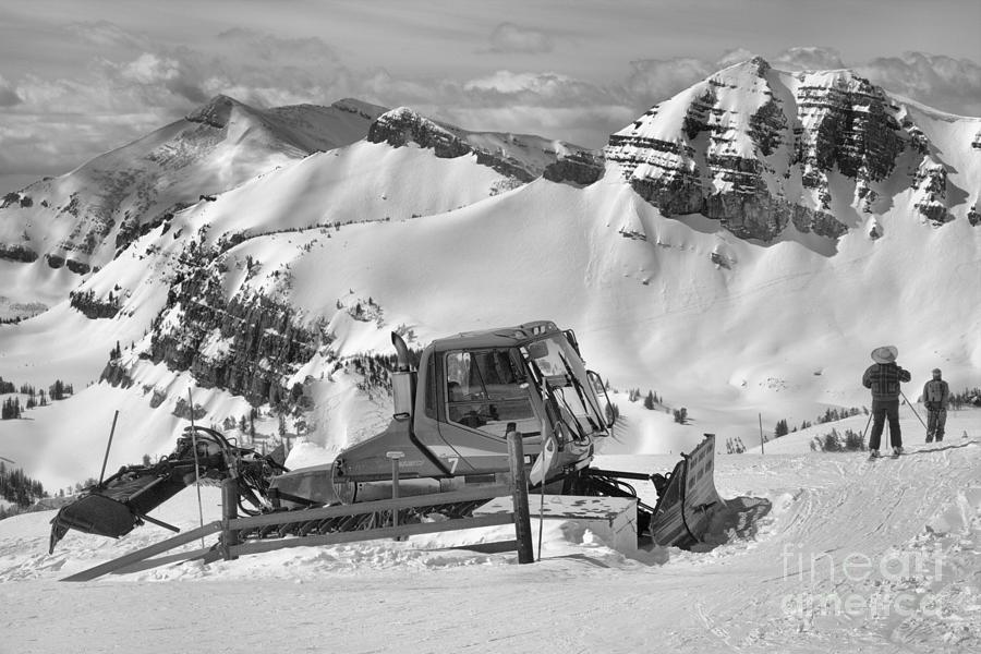 Skiing By The Snowcat Black And White Photograph by Adam Jewell