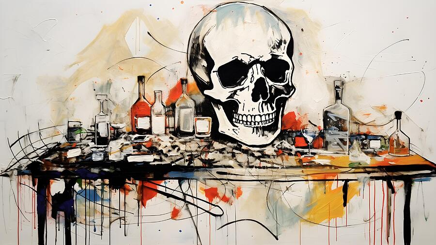 Skull Amidst Bottles On Table Painting by Trendy Art Skull Amidst Bottles On Table Painting by Trendy Art