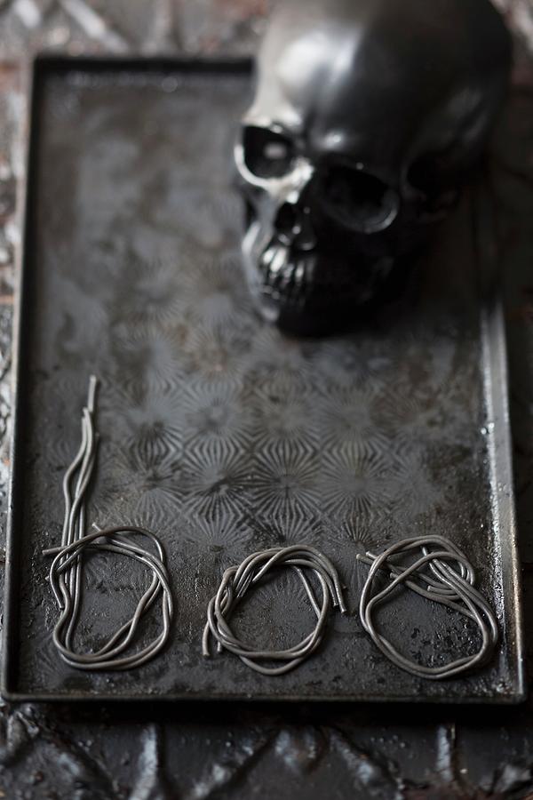 Skull And Lettering Reading boo Made From Noodles On Metal Tray Photograph by Great Stock!