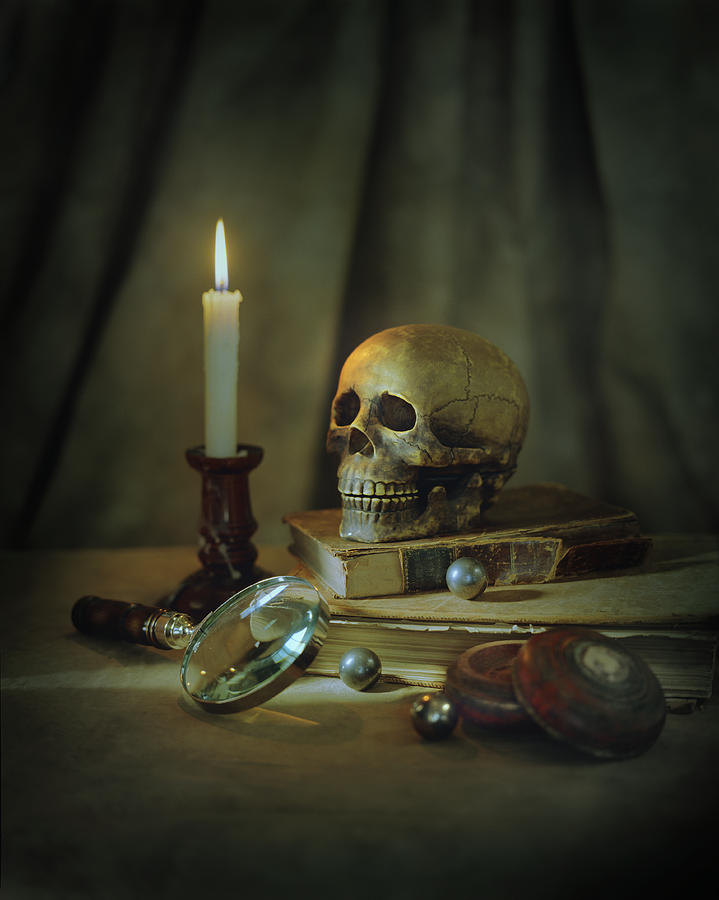 Skull, Magnifying Glass, Candle And Photograph by Chris Clor
