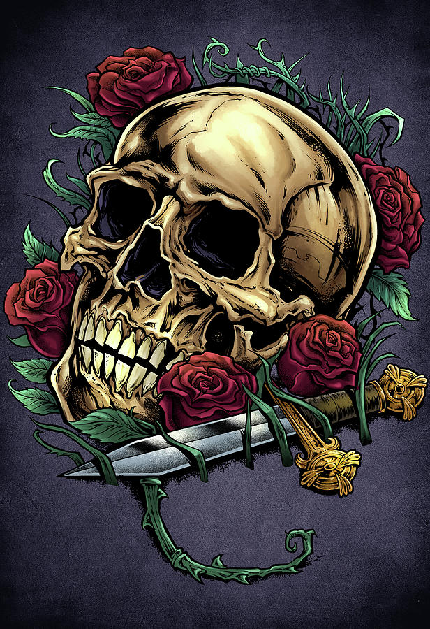 Rose Digital Art - Skull, Roses, And Dagger by Flyland Designs
