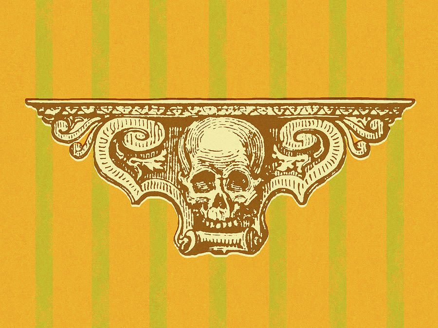 Vintage Drawing - Skull Shelf on Orange and Green Striped Wall by CSA Images