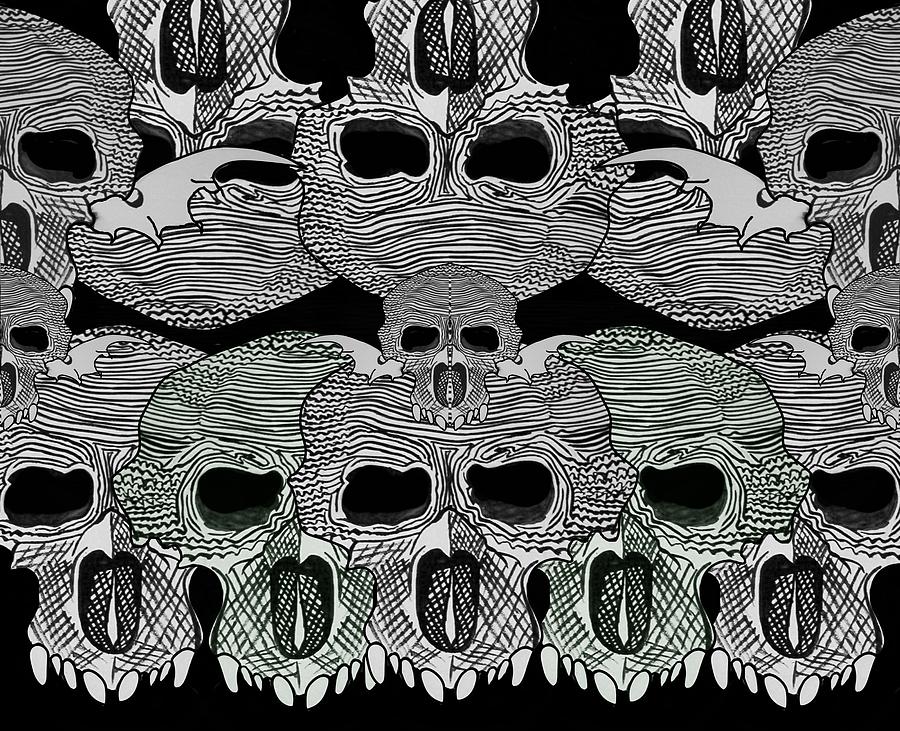 Skulls Collage Black Drawing by Joan Stratton