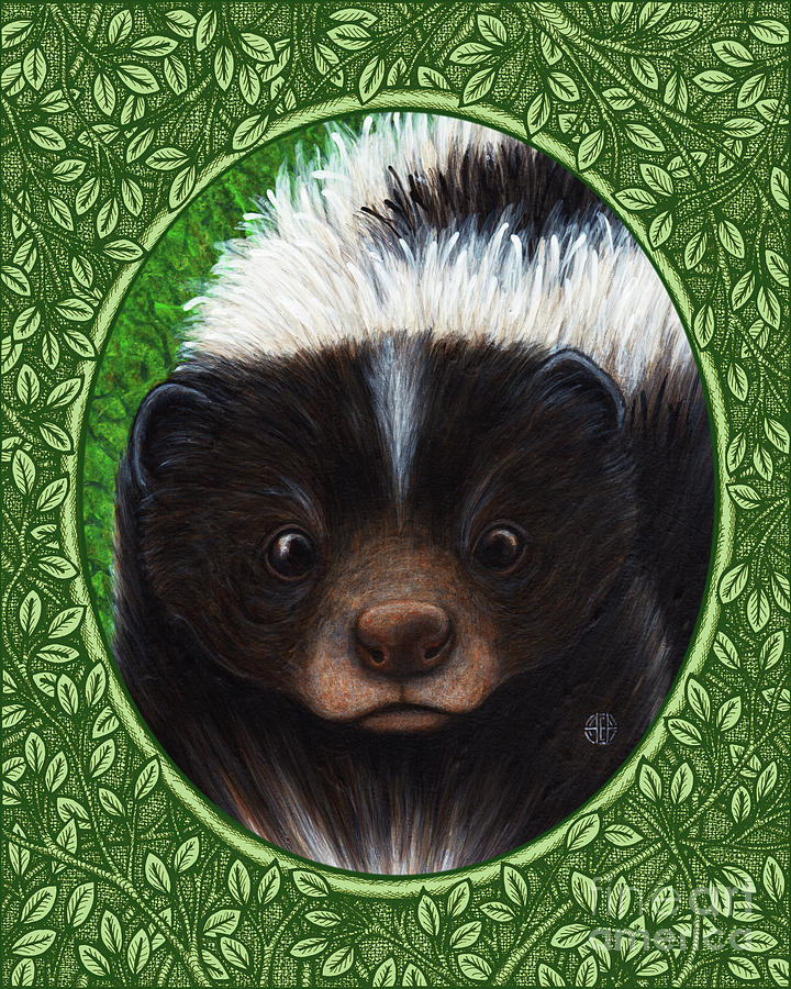 Skunk Portrait - Green Border Painting by Amy E Fraser
