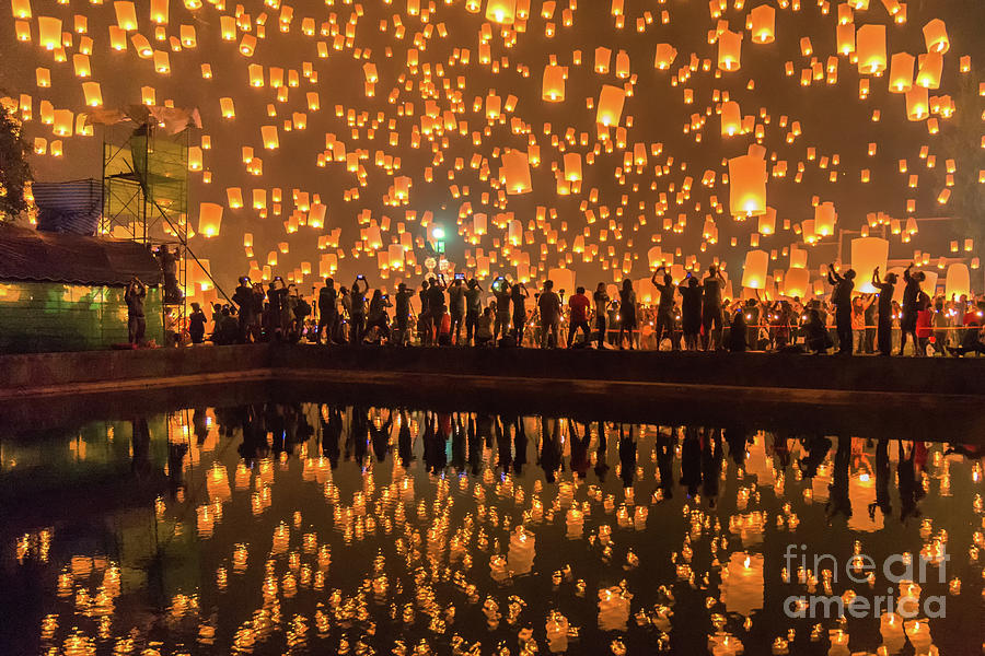 Celebrity Photograph - Sky Lanterns Firework Festival, Chiang by Suttipong Sutiratanachai