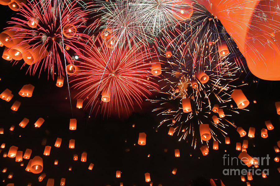 Sky Lanterns With Fireworks Photograph by Tanachot