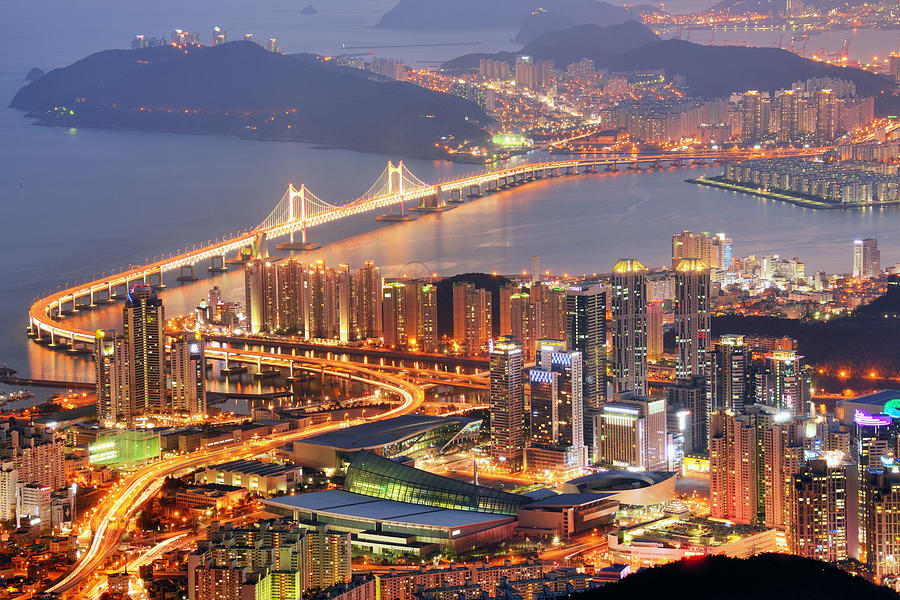 Cityscape Photograph - Skyline Of Busan, South Korea At Night by Sean Pavone