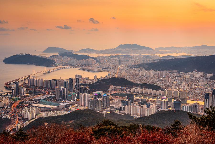 Sunset Photograph - Skyline Of Busan, South Korea by Sean Pavone