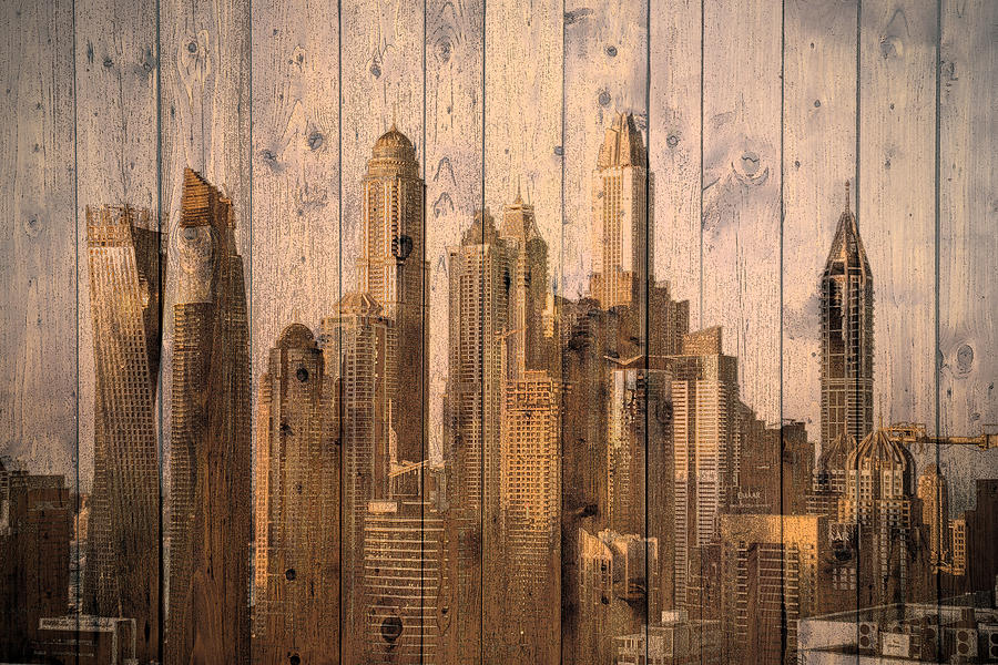 Skyline of Dubai, UAE on Wood Mixed Media by Alex Mir