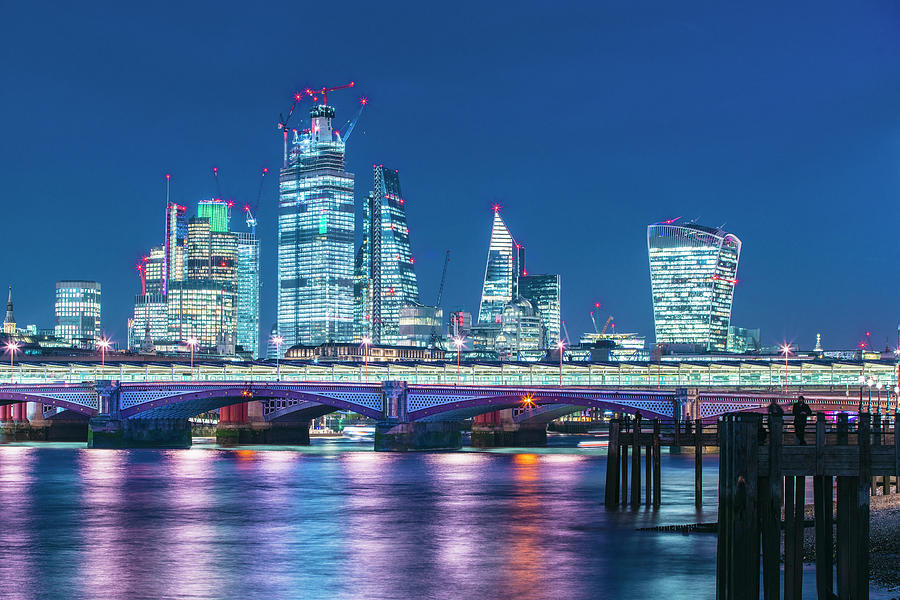 Architecture Digital Art - Skyline Of Financial District At Night, Thames River On Foreground, City Of London, Uk by Tamboly