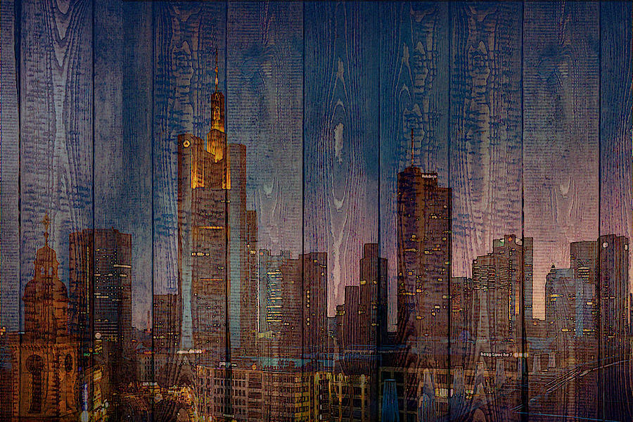 Skyline of Frankfurt, Germany on Wood Mixed Media by Alex Mir