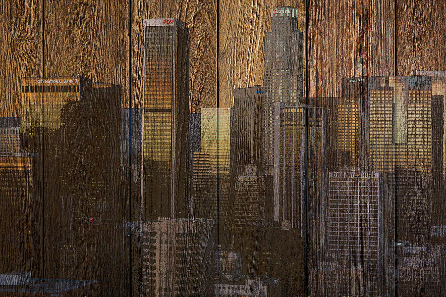 Skyline of Los Angeles, USA on Wood Mixed Media by Alex Mir