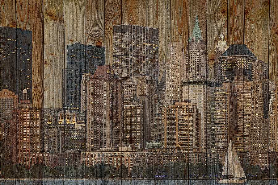 Skyline of New York, USA on Wood Mixed Media by Alex Mir