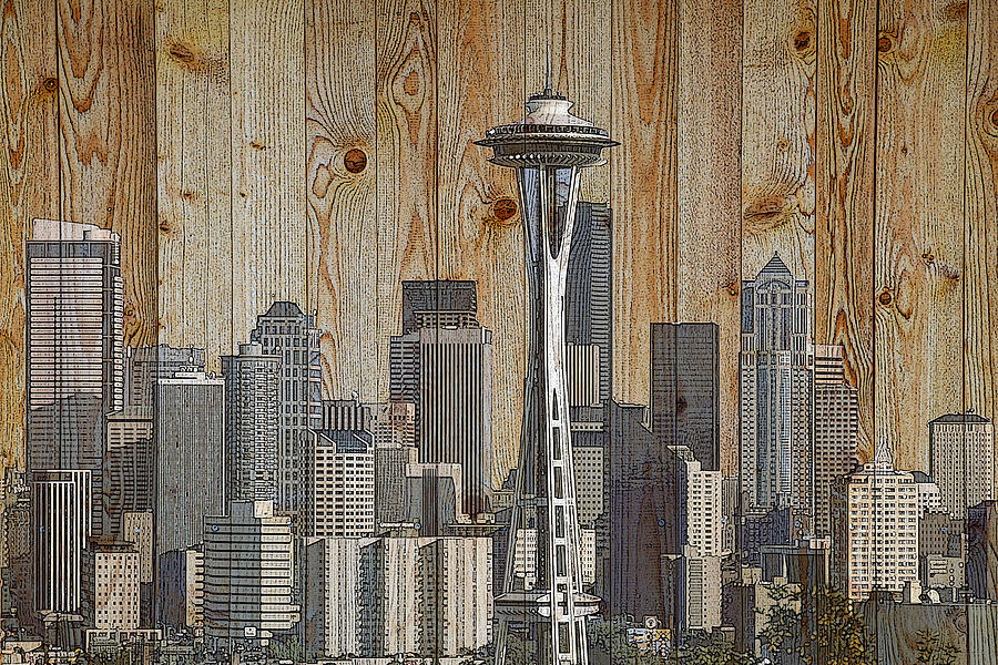 Skyline of Seattle, USA on Wood Mixed Media by Alex Mir