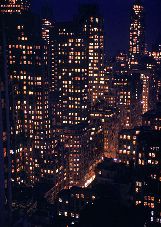 Skyscrapers at Night Photograph by Andreas Feininger