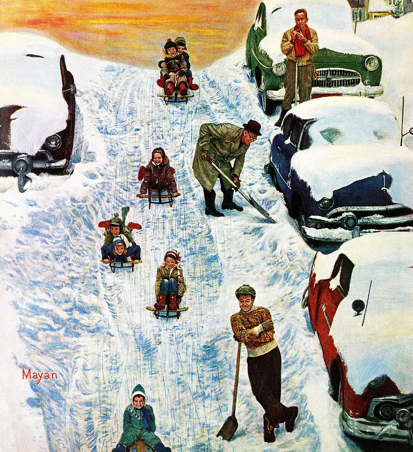 Sledding And Digging Out Drawing by Earl Mayan