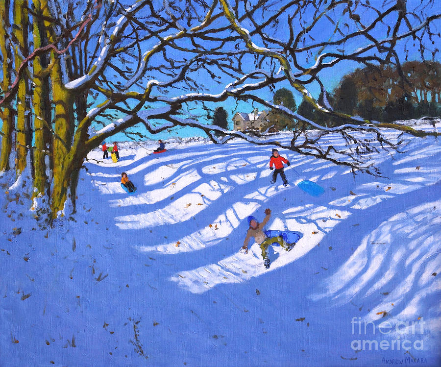 Sledging down the gully, Dam Lane, Ashbourne Painting by Andrew Macara