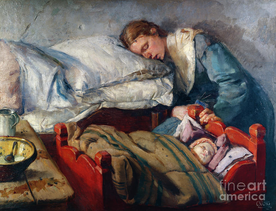 Sleeping mother Painting by O Vaering