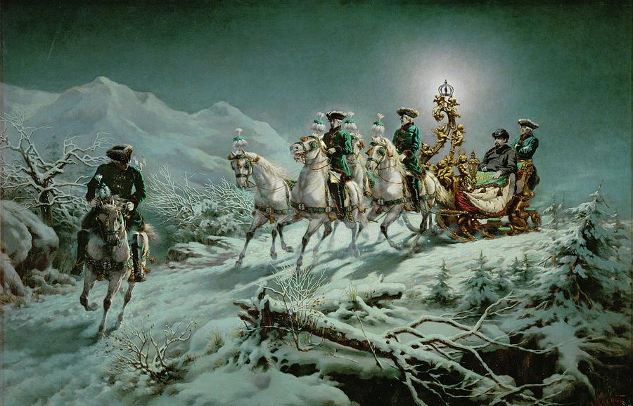 Sleighride by night of King Ludwig II in the Ammer-Mountains, around 1880. Painting by Richard Wenig RICHARD WENIG -AROUND 1880-
