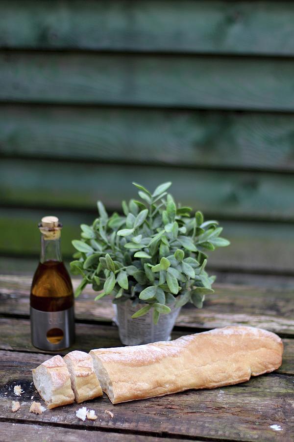 Sliced Baguette, Sage And Balsamic Vinegar On A Wooden Table Photograph by Sylvia E.k Photography