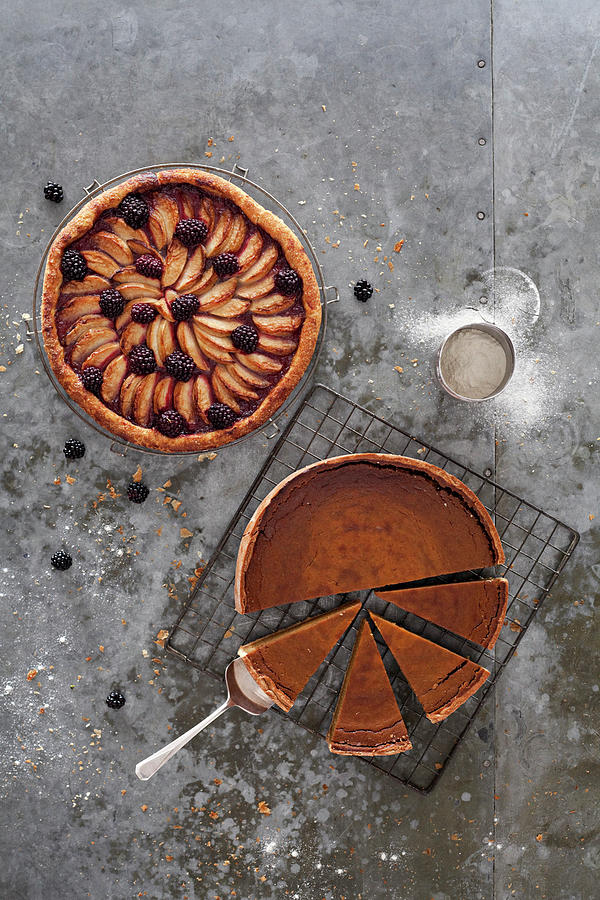 Sliced Chocolate Tort And Apple And Blackberry Tart Shot From Above Photograph by Steven Joyce