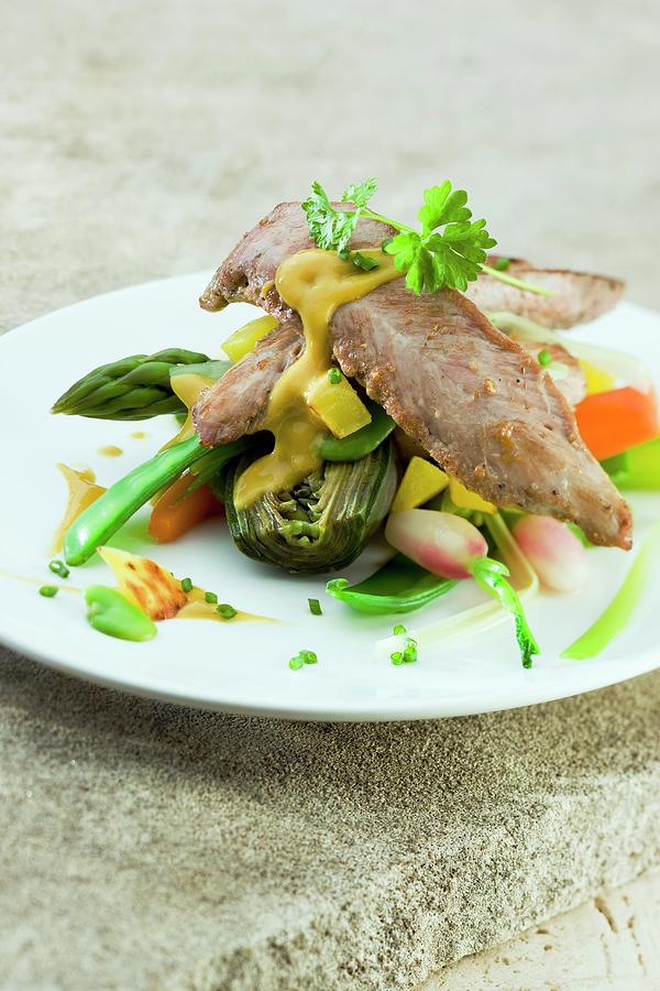 Sliced Duck Breast With Spring Vegetables Photograph by Adam