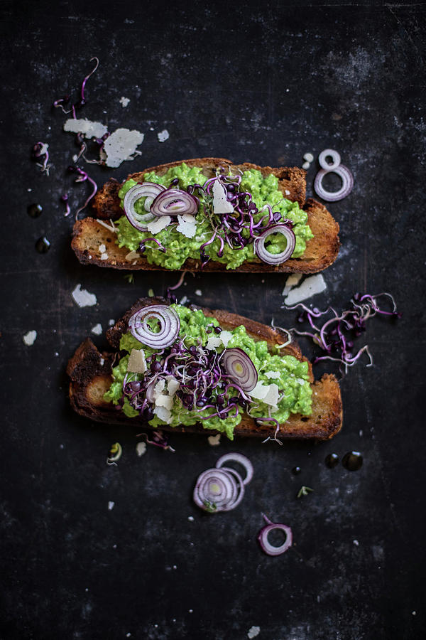 Slices Of Bread Topped With Mushy Peas And Red Onions Photograph by Salt & Sugar