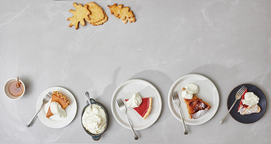 Slices Of Pumpkin Pie, Cranberry Pie, Tarte Tatin And Rhubarb Galette On Plates Photograph by Judy Doherty