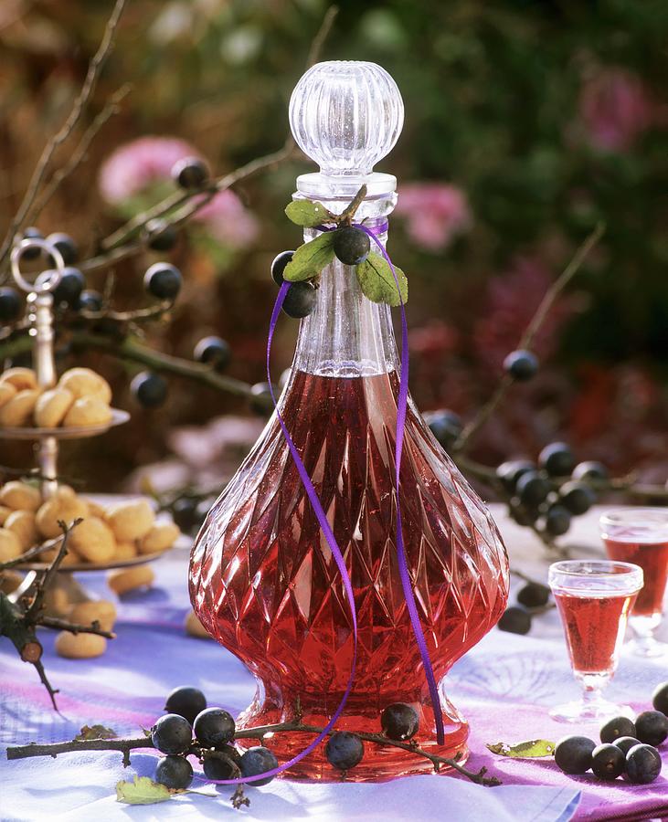 Sloe Gin In Decanter And Glasses With Sloes Out Of Doors Photograph by Strauss, Friedrich
