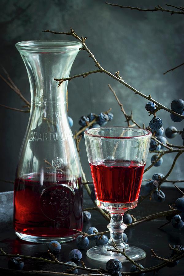 Sloe Wine In A Glass And A Carafe With A Sprig Of Sloes In The Background Photograph by Charlotte Von Elm