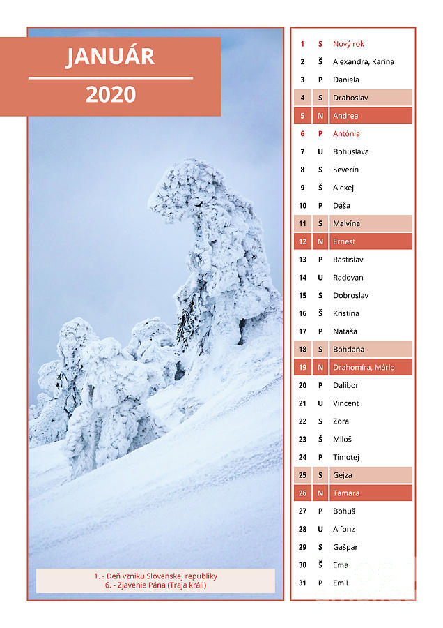 Slovak calendar with names for January 2020 Digital Art by Jozef