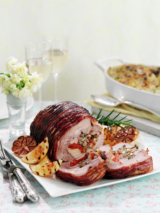 Slow Roasted Stuffed Pork Belly easter Photograph by Gareth Morgans
