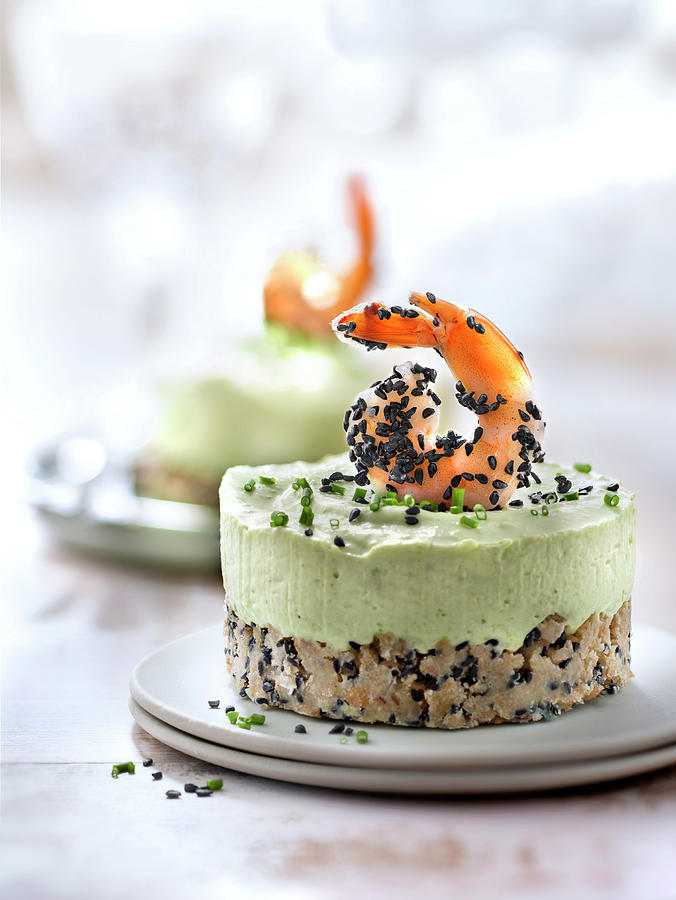 Small Avocado And Lime Cheesecake Topped With A Shrimp And Sprinkled With Black Sesame Seeds Photograph by Studio