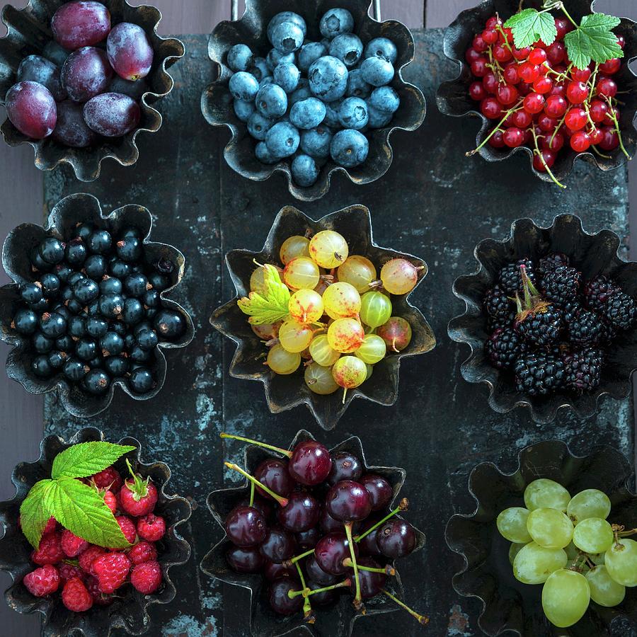 Small Baking Tins Filled With Purple And Green Grapes, Raspberries, Sour Cherries, Blueberries, Blackberries, Red And Black Currants And Gooseberries Photograph by Kati Neudert