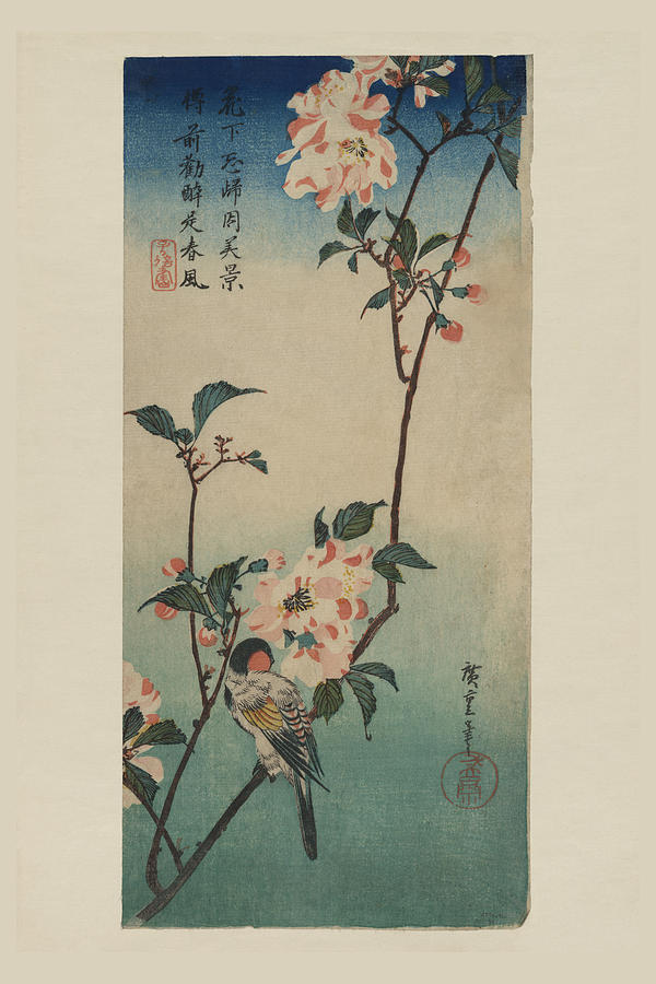 Small bird on a branch of Kaidozakura (Kaido ni shokin) Painting by Ando Hiroshige