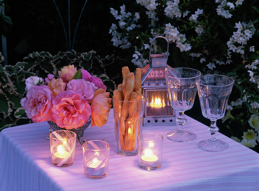 Small Bouquet Made Of Pink rose, Lantern, Glasses, Lanterns Photograph by Friedrich Strauss