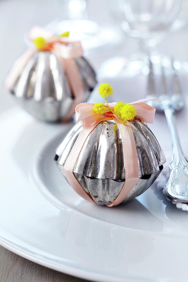 Small Cake Moulds Decorated With Flowers & Satin Ribbons Used As Packaging For Guest Favours Photograph by Franziska Taube