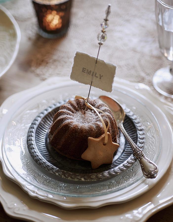 Small Chocolate Cake And Name Tag On Festively Set Table Photograph by Andrew Boyd