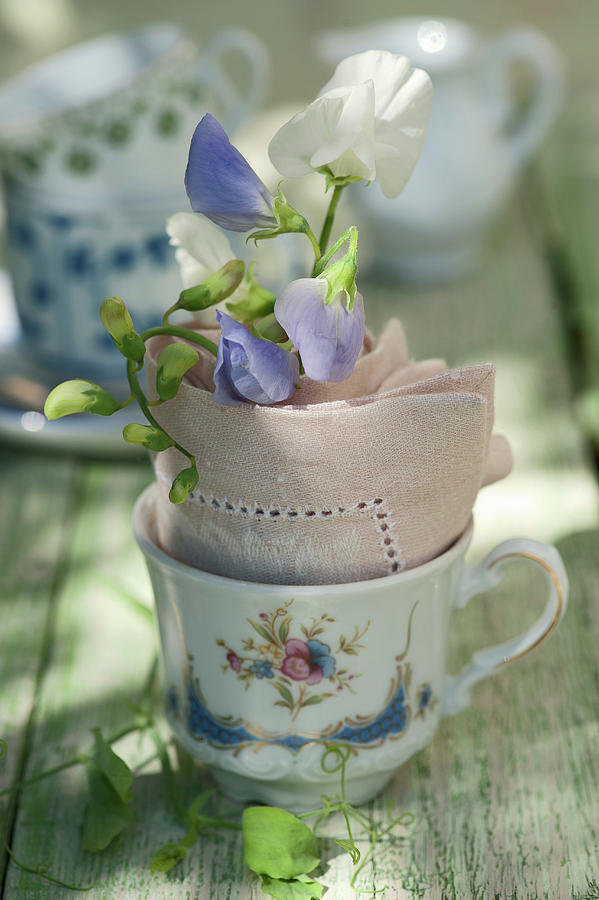 Small Cup With Sweet Peas In A Napkin Photograph by Elisabeth Berkau